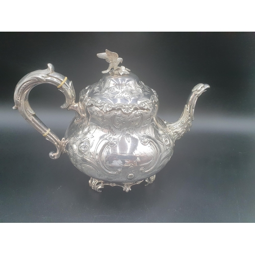 108 - A Victorian plated four piece Tea and Coffee Service floral embossed with bird finials (R1)