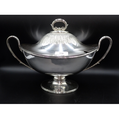 119 - An Elkington plated two handled oval Tureen and Cover with reeded bands on pedestal base, the cover ... 