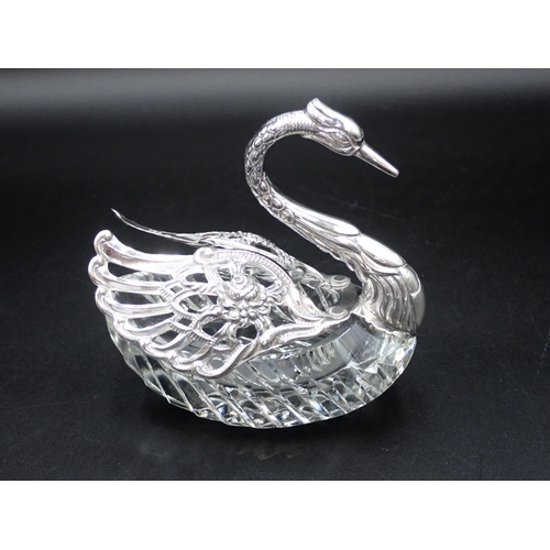 145 - A Continental silver mounted cut glass Bon bon Dish in the form of a swan, import mark London 1973