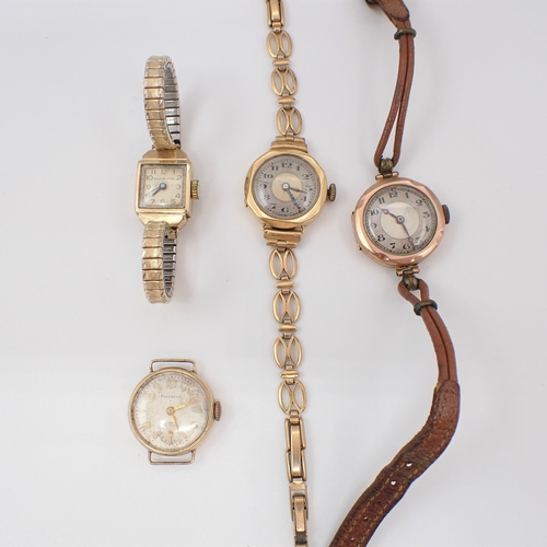 154 - An 18ct gold cased lady's Wristwatch on gilt metal bracelet and three lady's Wristwatches in 9ct gol... 