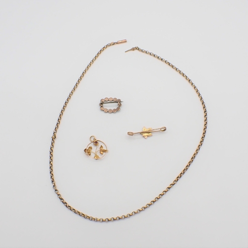 184 - A Belcher Chain marked 9ct not believed to be gold, a Lace Pin set turquoise, Bar brooch set seed pe... 