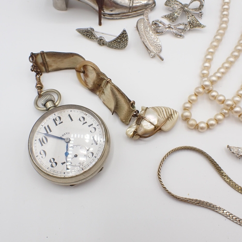 208 - An 8 day open faced Pocket Watch in steel case, various paste-set and marcasite-set Brooches, Chains... 