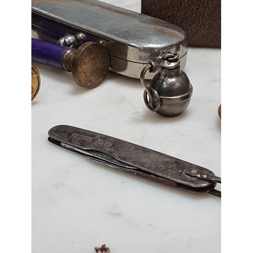 220 - A brass inlaid Tray, brass Dishes, copper Dish, a set of Dice, Darning Tools, various Seals, Treen N... 