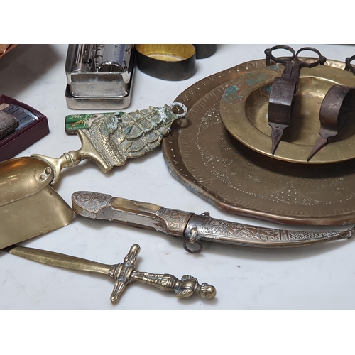 220 - A brass inlaid Tray, brass Dishes, copper Dish, a set of Dice, Darning Tools, various Seals, Treen N... 