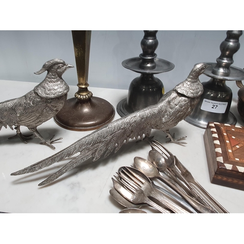 27 - A pair of Heemskerk pewter Candlesticks, two white metal Pheasants, a Hip Flask and various other me... 