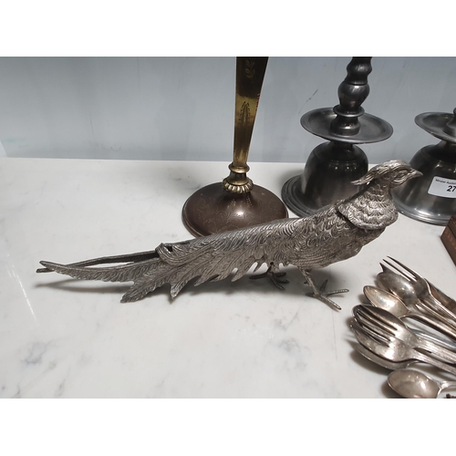 27 - A pair of Heemskerk pewter Candlesticks, two white metal Pheasants, a Hip Flask and various other me... 