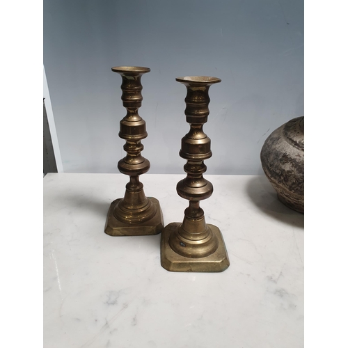 29 - Three Georgian Chambersticks, a pair of Victorian Candlesticks, a pine framed dressing Mirror, and a... 