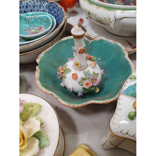 319 - A Noritake oval Meat Dish and two matching Tureens, a needlework oval Picture, a Continental porcela... 