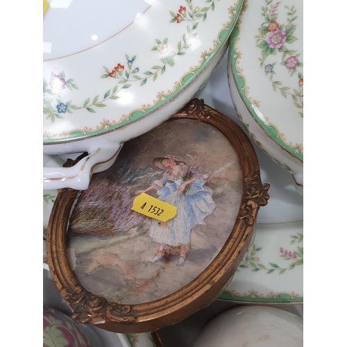 319 - A Noritake oval Meat Dish and two matching Tureens, a needlework oval Picture, a Continental porcela... 