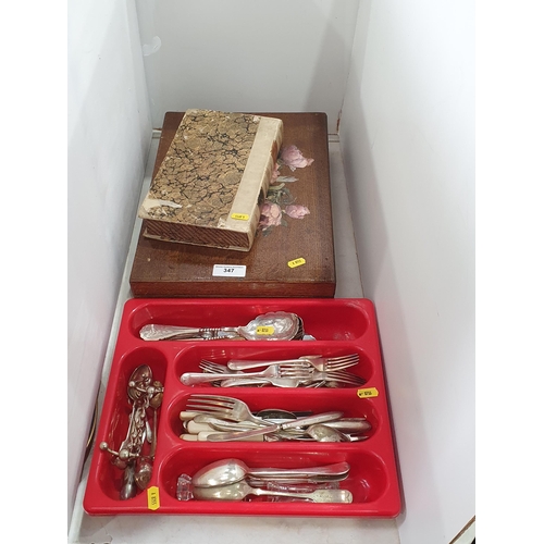 347 - A tray of plated Cutlery, an oak Canteen containing plated Cutlery and a box in the form of a book c... 