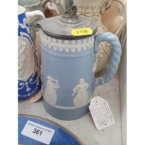 361 - A quantity of moulded Jugs including Ridgway oak leaf Jug, another moulded swans with pewter cover, ... 