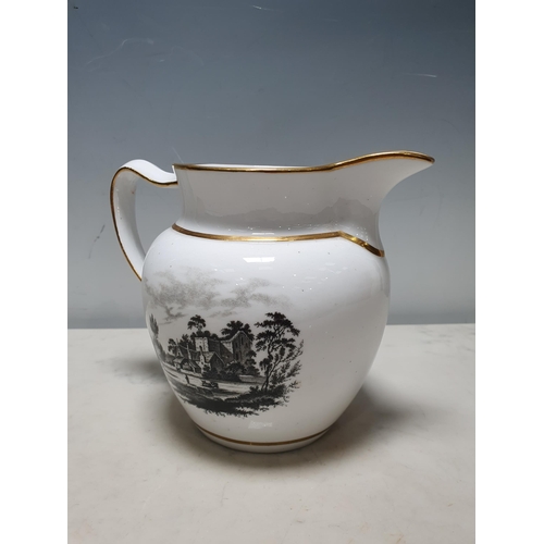 379 - A Coalport Spode Jug with monochrome printed designs depicting figures fishing and buildings, 6in H