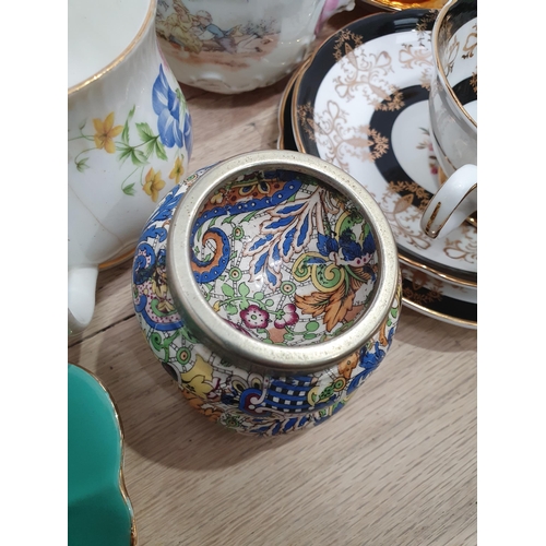 398 - An oak and plated Biscuit Barrel, a brass Kettle, Cups, Saucers and Plates etc