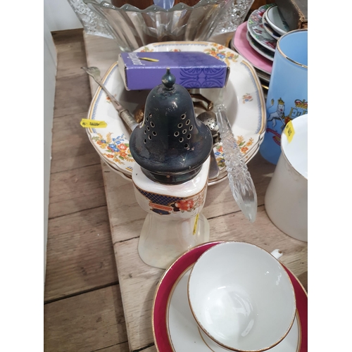 398 - An oak and plated Biscuit Barrel, a brass Kettle, Cups, Saucers and Plates etc