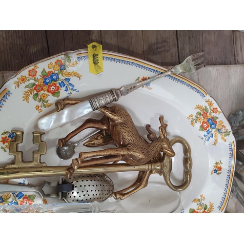 398 - An oak and plated Biscuit Barrel, a brass Kettle, Cups, Saucers and Plates etc