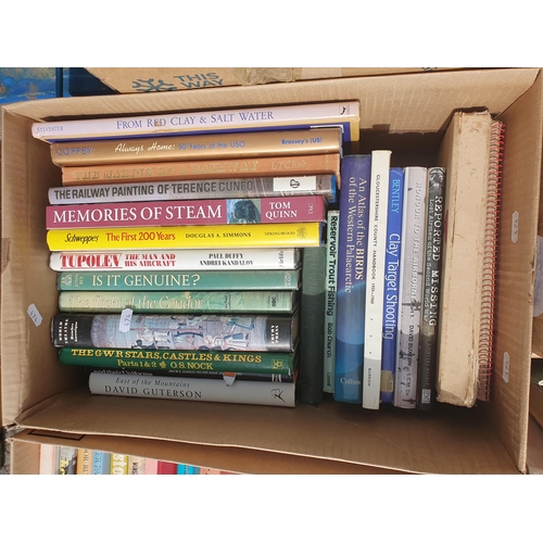 474 - Five boxes of Books including Aviation, Military, Shooting, etc. (R4)