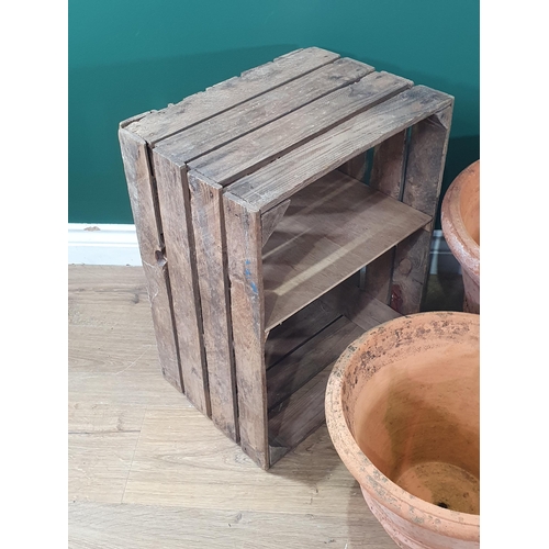 492 - Two Terra Cotta Plant Pots and a Wooden Crate. (R4).