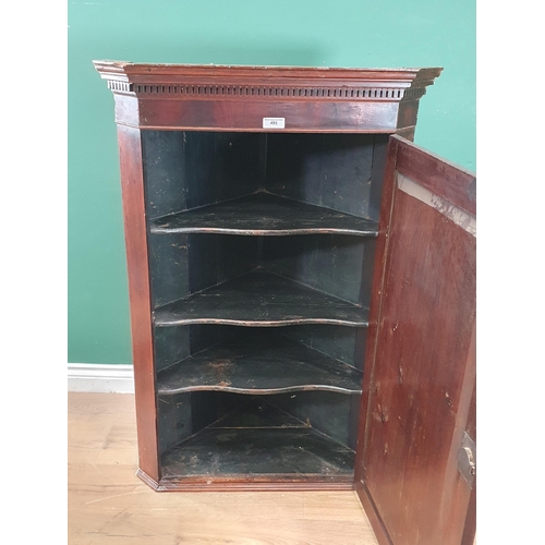 495 - A 19th Century mahogany hanging Corner Cupboard with dentil cornice above a single door enclosing sh... 