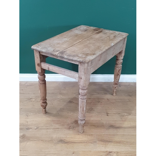 498 - A small Pine Side table with rectangular top on turned supports, 2ft 10in, Lacks drawer (R3)