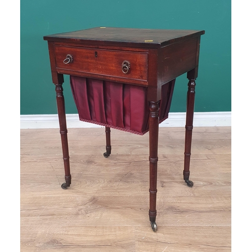 508 - A 19th Century mahogany Sewing Table with single fitted drawer, raised on turned supports and castor... 