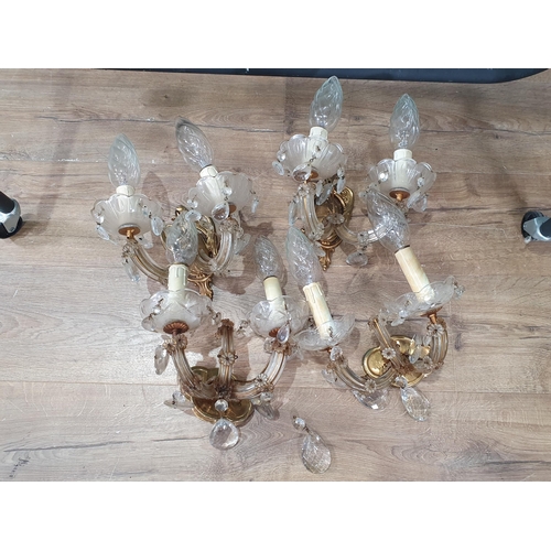 559 - Two pairs of brass and glass two branch Wall Lights and a five branch Electrolier 1ft 8in D x 1ft H ... 