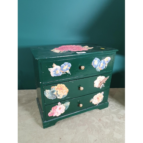 588 - A green painted apprentice Chest of three drawers 1ft 5in W x 1ft 4in H and a pottery Table Lamp and... 