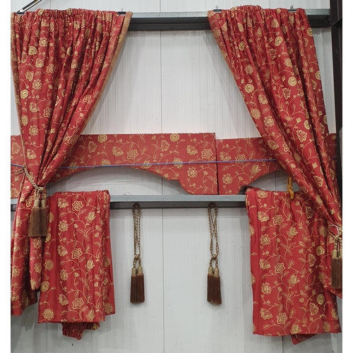 589 - Two pairs of red Curtains with trailing floral design 8ft 4in L x 5ft 10in W, two Pelmets and Tie Ba... 