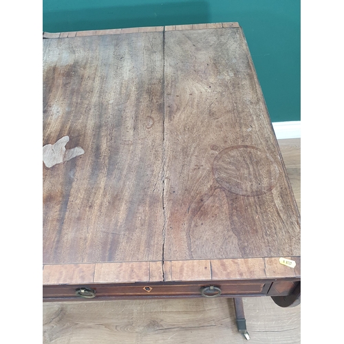 6 - A 19th Century mahogany and satinwood inlaid Sofa Table with pair of fitted drawers, raised on shape... 