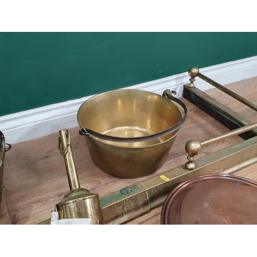 608 - Two brass Jam Pans, a copper two handled Pan, brass Meat Jack, two Copper Warming Pans, a brass Fend... 