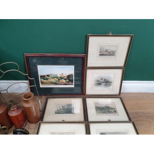 610 - A quantity of framed colour Engravings, Picture Frames, an embossed Coal Box, small stone Jars, plat... 