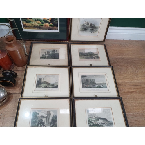 610 - A quantity of framed colour Engravings, Picture Frames, an embossed Coal Box, small stone Jars, plat... 