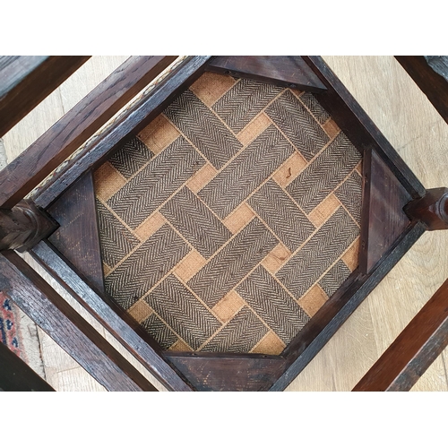 618 - An antique oak Stool with upholstered top on turned and squared supports 1ft 8in H x 1ft 4in W (R8)