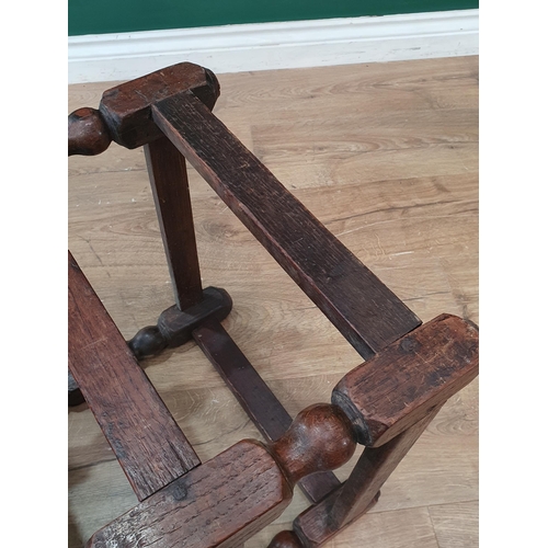 618 - An antique oak Stool with upholstered top on turned and squared supports 1ft 8in H x 1ft 4in W (R8)