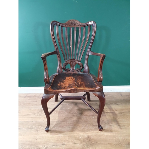 629 - An Edwardian mahogany peacock back Elbow Chair on cabriole supports (R8)