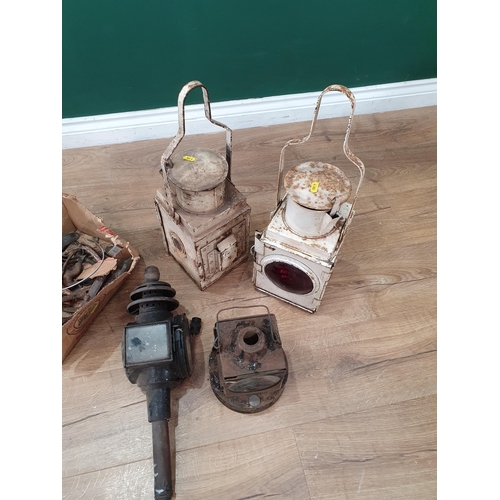 632 - Two BR Railway Lamps, a Carriage Lamp (Failed PAT Test), another Lamp and a box of Buckles, etc. (R8... 