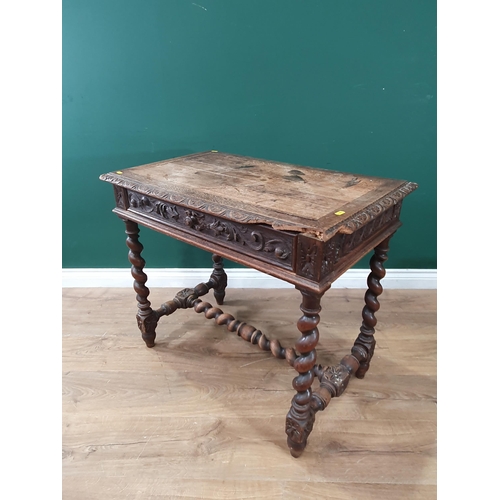 636 - A Victorian carved oak Side Table fitted single frieze drawer raised on barley twist supports united... 