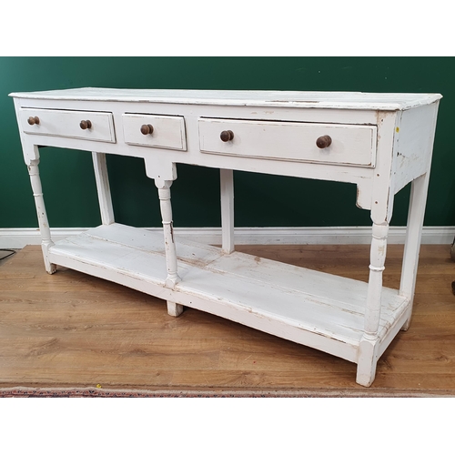 645 - An antique oak white painted pot board Dresser Base fitted three drawers 5ft 6in W x 2ft 10in H (R9)