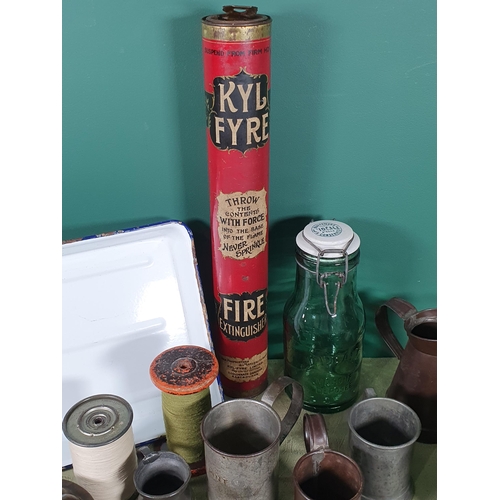 649 - A 'Kylfyre' Fire Extinguisher, a Conserve Jar, an enamel Dish, a miniature Pail, two Jelly Moulds, M... 