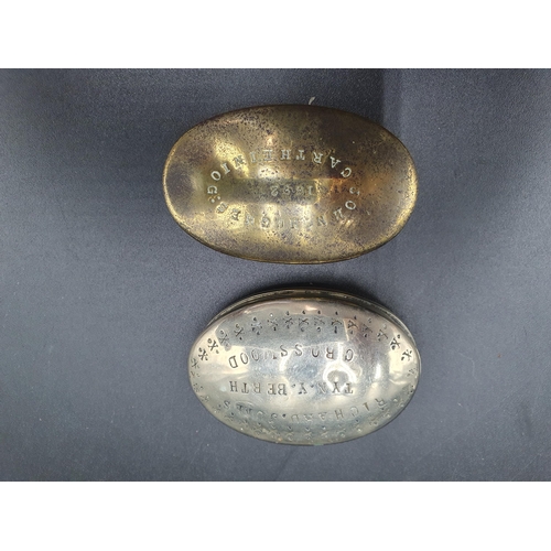 65 - Two brass Welsh oval brass Snuff Boxes engraved John Hughes, Cartheiniog, 1892 and Richard Jones, Ty... 