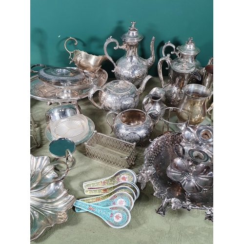 650 - A box of silver plated wares including Boat shaped Salts in case, Eggcups in case, four piece Tea an... 