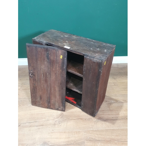 677 - An antique oak Wall Cupboard fitted single door (door off hinges) 2ft H x 2ft W (R10)