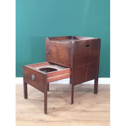 7 - A mahogany tray top Commode with single cupboard door, above pull out base raised square supports, 2... 