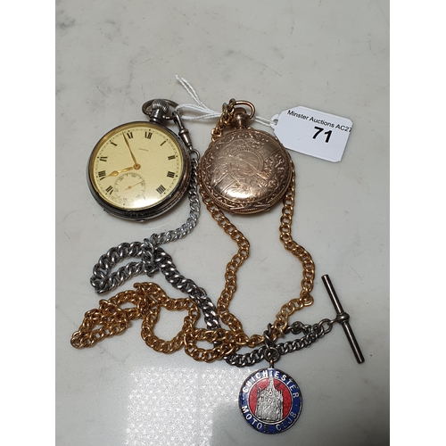 71 - A silver cased Pocket Watch by Roger with silver Albert and a gold plated American Fob Watch