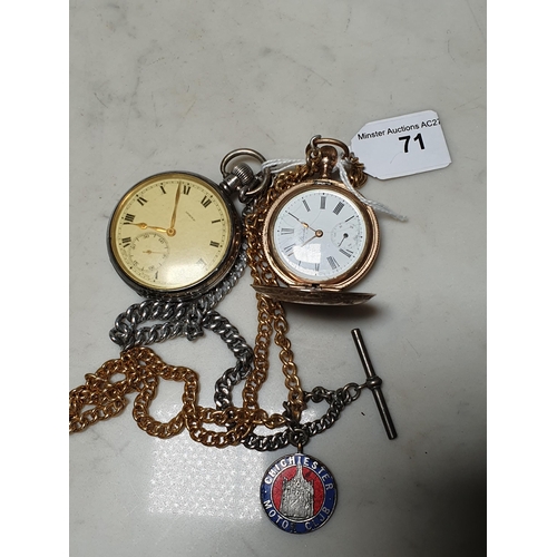 71 - A silver cased Pocket Watch by Roger with silver Albert and a gold plated American Fob Watch