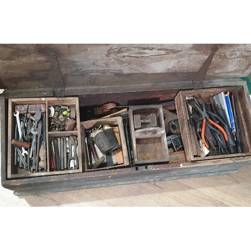 718 - An antique stained pine Tool Chest with tools 2ft 7in W x 11in H (R8)