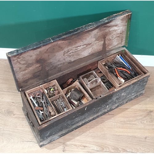 718 - An antique stained pine Tool Chest with tools 2ft 7in W x 11in H (R8)