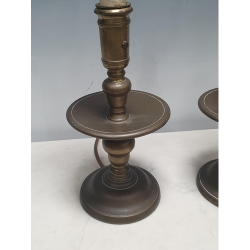 8 - A pair of brass table Lamps with wide drip pans, and semi-circular shades, 19in H (Passed PAT Tests)