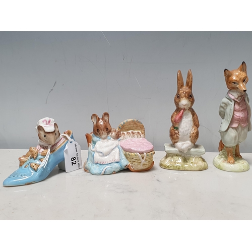 82 - Eight Beswick Beatrix Potter Figures including 'The Old Woman who lived in a Shoe', 'Hinca Munca', '... 