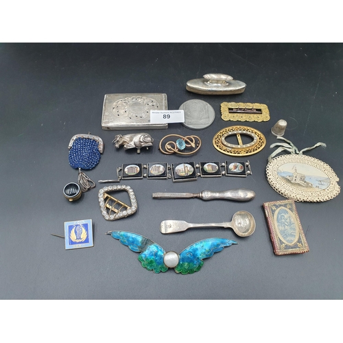 89 - A Canterbury Cathedral Medallion, gilt Buckle, small Purse, Almanack, silver mounted Buffer, Cow Fin... 