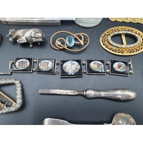 89 - A Canterbury Cathedral Medallion, gilt Buckle, small Purse, Almanack, silver mounted Buffer, Cow Fin... 